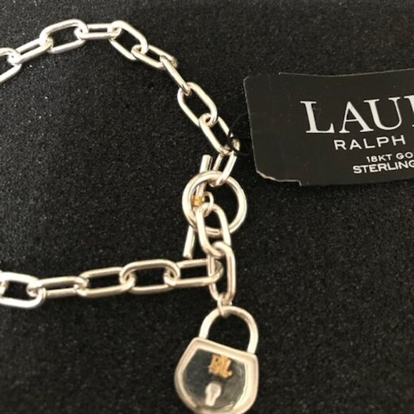 NWT Lauren Ralph Lauren Two-Tone Sterling Silver Padlock Flex Bracelet - Picture 3 of 7